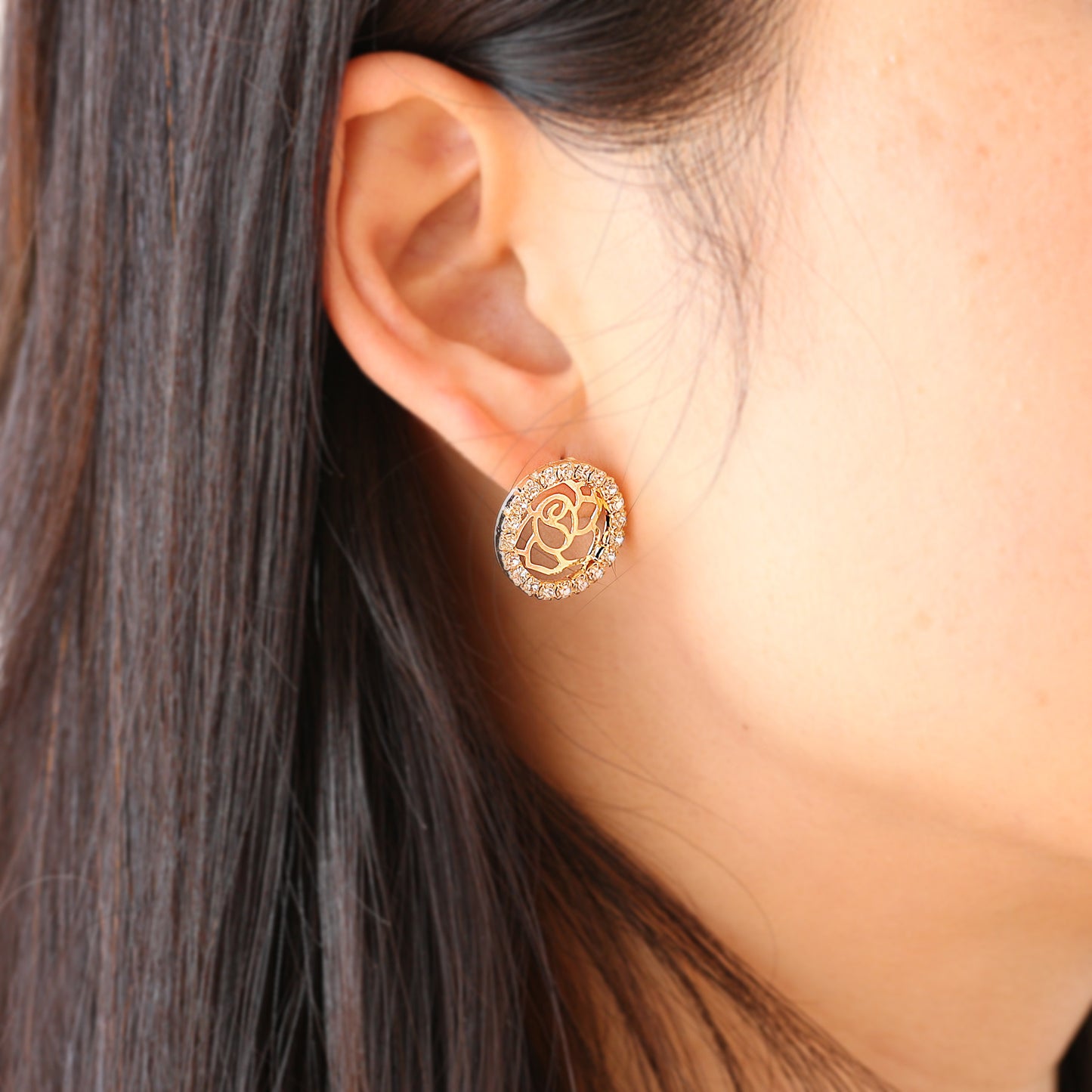 Round Pave CZ with Rose Pattern Earrings - 14K Gold Plated