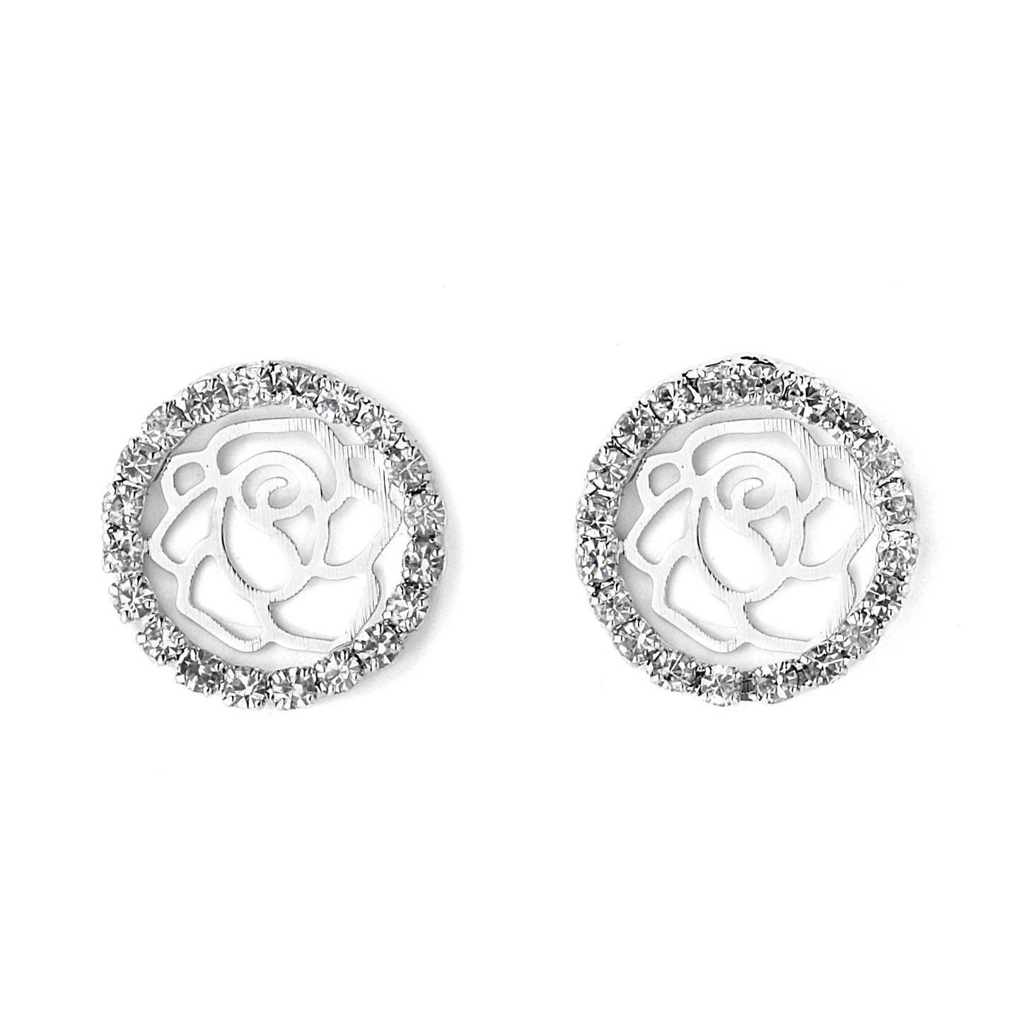 Round Pave CZ with Rose Pattern Earrings